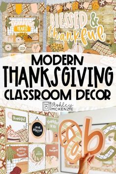 modern thanksgiving classroom decor with text overlay that says modern thanksgiving giving classroom decor below