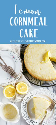 lemon cornmeal cake on a white table with plates and silverware next to it