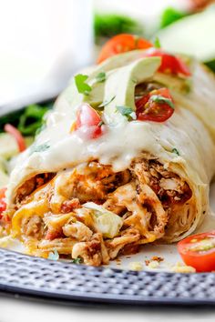 a close up of a burrito on a plate