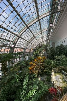 the inside of a building with lots of plants