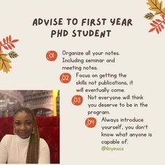 a woman with braids sitting in front of a sign that says advice to first year ph