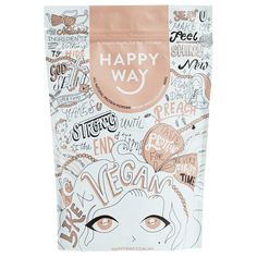 a bag with the words happy way on it and an image of a woman's face