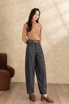 ★★ Welcome to my Ylistyle's shop！！！ This womens grey harem wool pants, features a waist-cinching design to perfectly show off your figure.  The wide leg pants can well show your elegant temperament and taste. Every detail of the wool pants is handled very well. ★★FEATURES 30% wool, other fiber,nylon Polyester lining Two side pockets Front button and zipper closure Long pants Harem wool pants Wide leg pants Loose pants Casual pants, daily pants Autumn winter wool pants Dry clean ★★ The model's height approx 170 cm (5′ 7″) with the 84 cm (33") bust, 66 cm (26") waist. She is wearing the wool pants in size XS (US2) ★★ Please select custom order according to the follow situation Can't find your size Your height is over 175cm Your weight is over 75kg Request Length custom Request sleeve length Fall Baggy Wide Leg Dress Pants, Baggy Straight Dress Pants For Fall, Winter Wide-leg Pants, Fall Baggy Straight Leg Dress Pants, Business Casual Wide Leg Pants With Pockets For Winter, Wool Wide Leg Pants For Winter Workwear, Wool Straight Pants For Fall, Baggy Winter Wide Leg Straight Pants, Winter Wool Dress Pants