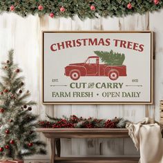 Celebrate the warmth and charm of the holiday season with this Farm Fresh Christmas Trees Sign art print. Featuring a nostalgic red truck loaded with a freshly cut evergreen, this artwork brings the classic appeal of a rustic Christmas to your home. The "Cut and Carry" slogan and vintage lettering add an inviting farmhouse feel, making this piece a perfect addition to your seasonal decor. With its timeless design, this print captures the essence of holiday traditions, offering a cozy and festiv… Farm Fresh Christmas Trees, Vintage Red Truck, Tree Signs, Fresh Christmas Trees, Christmas Farmhouse, Farmhouse Holiday, Holiday Wall Art, Rustic Holiday, Holiday Signs