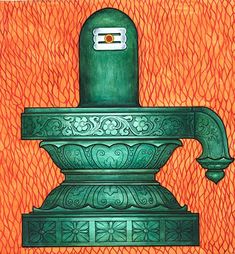 a painting of a green water fountain on an orange background