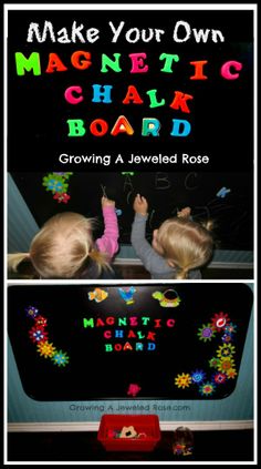 two children are playing with magnets on the blackboard and writing make your own magnetic chalk board