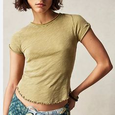 Nwt, Free People/We The Free Be My Baby Tee In Palm Leaf/ Lt. Green. Effortless And Timeless Classic! A Perfect Lived-In Look Essential. Capped Sleeves Raw Hemlines Cropped Length 100% Cotton Yellow Fitted Crew Neck Top, Everyday Yellow Cotton Tops, Fitted Soft-washed T-shirt For Summer, Yellow Cotton Top For Everyday Wear, Yellow Cotton Tops For Everyday, Fitted T-shirt For Summer, Green T-shirt For Summer, Yellow Relaxed Fit Tops For Everyday, Spring Fitted Soft-washed Top