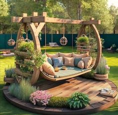 a wooden swing bed in the middle of a yard with flowers and plants on it