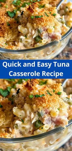 three glass bowls filled with pasta and cheese covered casserole on top of a granite counter