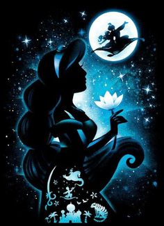 the silhouette of a woman holding a flower in front of a full moon and stars