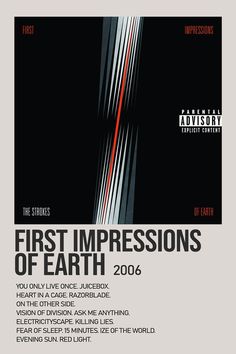 an advertisement for the first impressions of earth, with text in red and black on a grey background