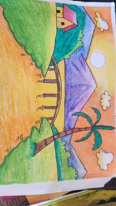 a child's drawing of a tree with a house on it and mountains in the background