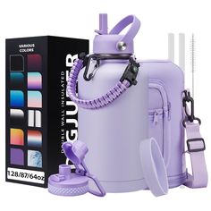 the purple bag is next to an electric hair dryer and other items in front of it