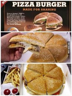 there are pictures of different types of food in this photo, including burgers and fries