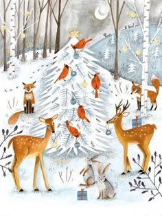 a painting of deers and birds around a christmas tree