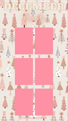 a pink christmas card with trees and stars on it