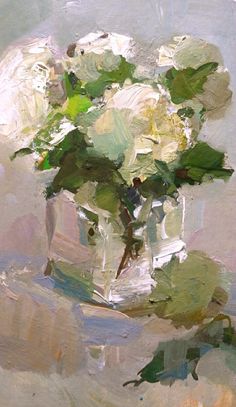 an oil painting of white flowers in a glass vase on a gray surface with green leaves