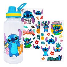 a water bottle with stickers on the lid and in front of it is an image of stitch