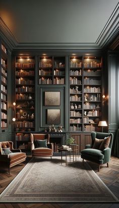 Home Library Rooms, Dark Green Walls, Home Library Design, Home Libraries, Home Library, Dream House Decor, Home Office Design, Front Room, Cozy Living Rooms