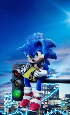 sonic the hedgehog leaning on a traffic light