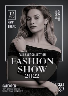 the fashion show flyer is shown with a woman in black and white, on a dark background