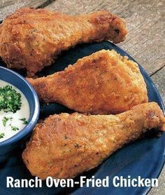 fried chicken with ranch dressing on a blue plate