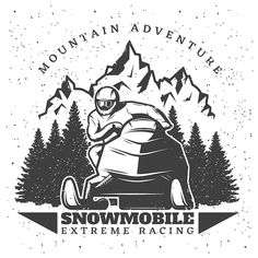 snowmobile extreme racing emblem with mountains and trees - sports / activity conceptual, logo templates