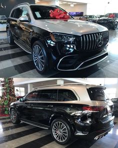 two pictures of the front and back of a black mercedes suv in a showroom