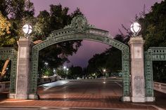 an iron gate with two lamps on each side and trees in the background at night