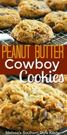 peanut butter cowboy cookies on a cooling rack with text overlay that reads, peanuts butter cowboy cookies