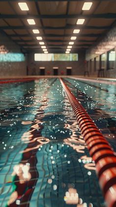 an indoor swimming pool with blue tiles and red bars in the middle, surrounded by lights