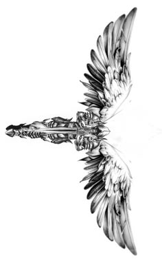 a black and white drawing of an angel wing