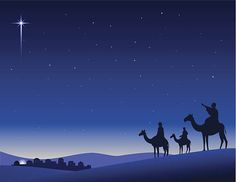 three wise men riding camels in the desert at night