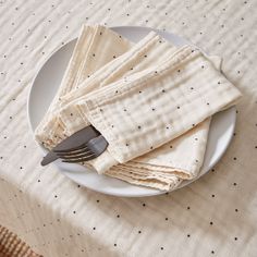 a white plate topped with napkins and a fork