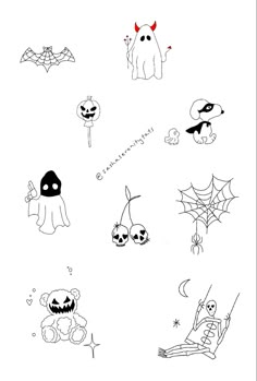 halloween stickers on a white sheet with black and red ink, including ghost faces