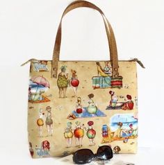 "Summer Bag with Zip, Beach Bag, Fruit Ladies Fun Fabric, Shoulder Bag with Cork Straps Practical and casual this is a great bag for the Summer! It is made with a fun high quality cotton fabric in vibrant colours featuring ladies with fruit bodies at the beach on yellow sand background This bag is very lightweight and yet sturdy and spacious enough to hold all your belongings, including your ipad or tablet, books, camera and more! Great for a day out in the sunshine! Summer Travel Bags With Handles, Beach Season Travel Pouch Shoulder Bag, Travel Pouch Bag For Beach Season, Summer Satchel Beach Bag With Handles, Summer Travel Pouch Bag, Summer Satchel Beach Bag With Removable Pouch, Beach Season Satchel Bag For Travel, Travel Satchel Beach Bag For Beach Season, Beach Season Travel Satchel Beach Bag