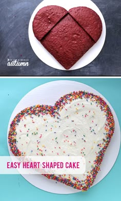 heart shaped cake with white frosting and sprinkles on the top, then red