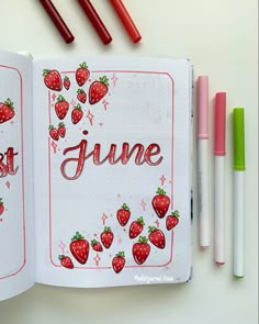 Bujo Strawberry Theme, Boulet Journal Inspiration, Strawberry Journal, Journal June, Strawberry Theme, Bullet Journal Cover