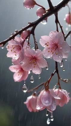 pink flowers with raindrops on them hanging from a tree branch in the rain