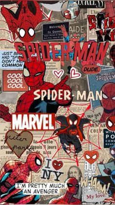 spiderman collage with many stickers on it