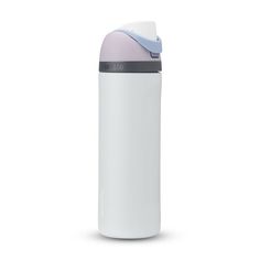 a white and blue insulated water bottle on a white background with the lid up