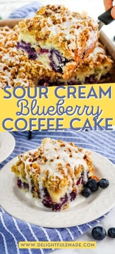 blueberry coffee cake on a plate with the words sour cream blueberry coffee cake