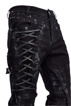 The Zombie Goth Pants Apocalyptic, distressed skinny trousers with rough criss-cross lacing, buckled straps, and painted-on streaks. These edgy and unique pants are a must-have for the goth club or gigging. Comfy, practical and stylish. Material: Cotton/Spandex. Size S M L XL 2XL 3XL 4XL Waist 84cm/33.1" 89cm/35.0" 94cm/37.0 99cm/"38.9 114cm/44.9" 114.5cm/45.1 115cm/45.3" Hips 97cm/38.2" 102cm/40.2” 107cm/42.1" 112cm/44.1" 117cm/46.1" 122cm/48.0" 127cm/50.0" Length 112cm/44.1" 112.5cm/44.3" 113c Apocalypse Pants, Gothic Clothing Men, Punk Apocalypse, Zombie Goth, Edgy Pants, Gothic Fashion Men, Goth Pants, Unique Pants, Distressed Pants