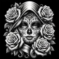 a woman with sugar skulls and roses on her face is shown in black and white