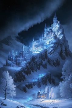 a castle in the middle of a snowy mountain