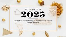 a happy new year card with gold decorations and pine cones on the side, next to a white background