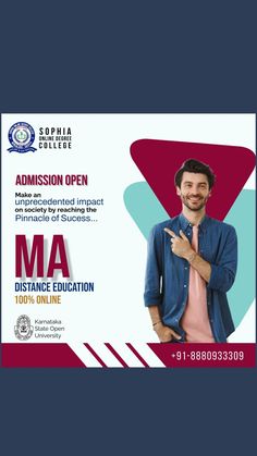 a man is standing in front of a poster with the words ma distance education on it