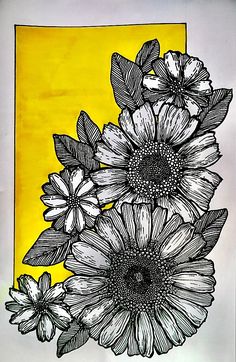 a drawing of some flowers in front of a yellow square with black and white lines