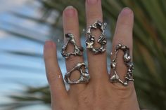 Organic melted silver design, made from leftover silver scraps. 1- size 6 2- size 6 1/2 3- size 7 4- size 9 Edgy Wedding Rings, Soldered Rings, Handmade Silver Rings, Wax Carving Jewelry, Edgy Wedding, Silver Design, Funky Jewelry, Jewelry Lookbook, Rings Statement