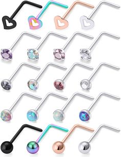 PRICES MAY VARY. PERFECT SET--One Order Including 20Pcs L-Shaped Nose Rings in 5 Styles(Shiny Ball, Multicolor Cubic Zirconia, Heart Top, Colorful Opal and Multicolor Crystal Inlaid); Packs Each Jewelry with a Velvet Gift Pouch. Good Ideal Gift to Yourself or Lover. SMALL STUDS--Gauge: 18G(1.0mm); Pin Length: 6.5mm; Ball/Opal/CZ Size: 1.5mm; Color: Silver-tone, Black, Rainbow, Rose Gold. Suit For Women and Men. MULTIPLE USING--These Nose Studs Can Be Used as Nostril Rings, Nose Studs, Nariz Stud L Shaped Nose Ring, Nostril Ring, Opal Nose Ring, Eyebrow Ring, Body Jewelry Piercing, Rose Quartz Ring, Nose Rings, Nose Ring Stud, Nose Stud